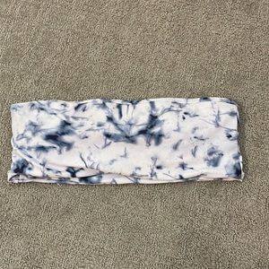 Blue and white no shoulder bikini top